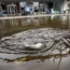 A drain pulls in residual rain water floods the downtown area caused by Tropical Storm Debby