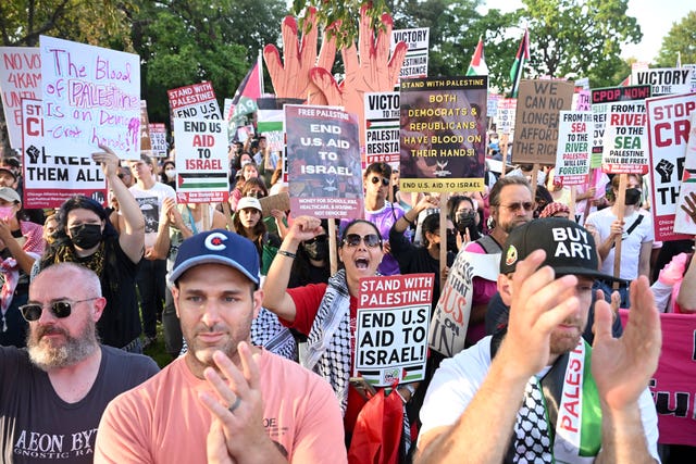 Protesters march during a demonstration near the Democratic National Convention